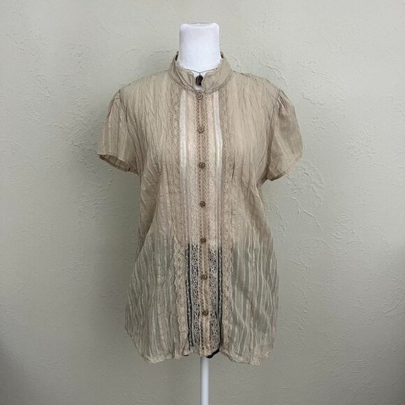 y2k beige lace coquette cottagecore button up top - Picture 3 of 8